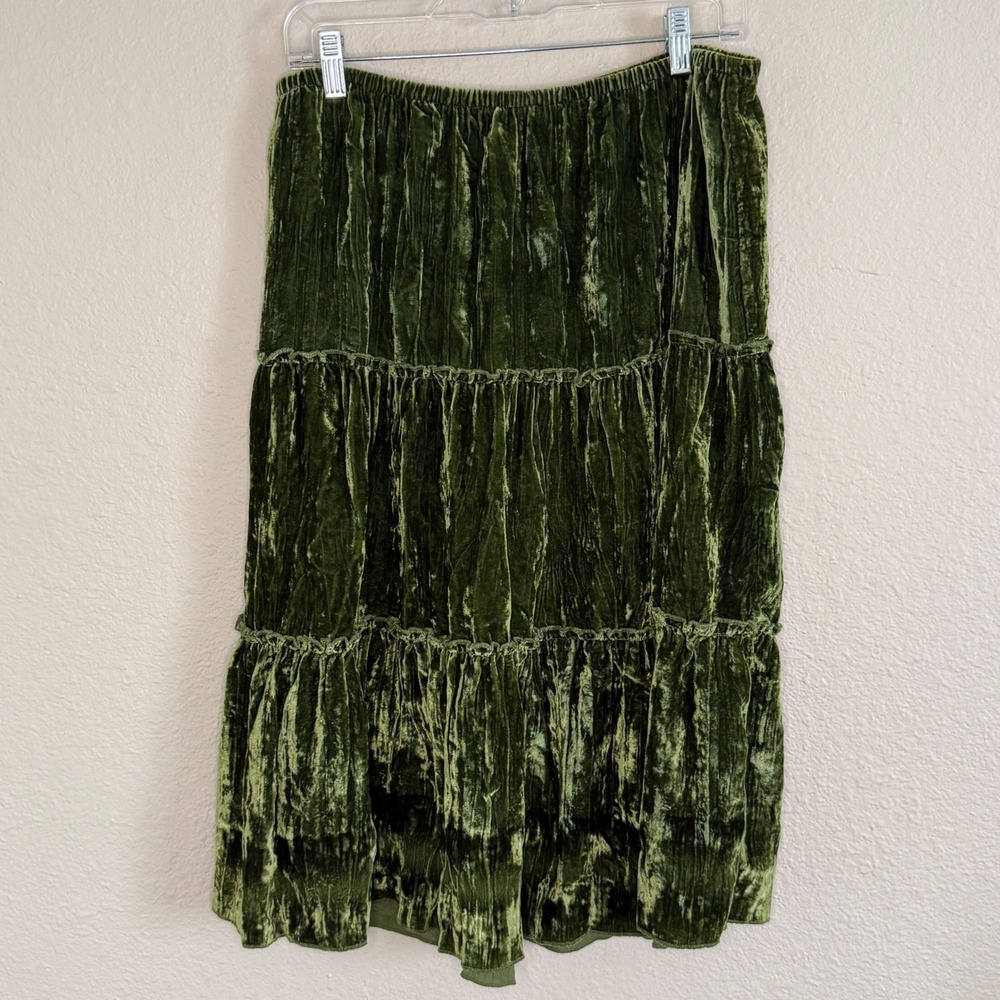Fairy Grunge Boho Green Crushed Velvet Tiered Midi Skirt XL Ren Fair Festival